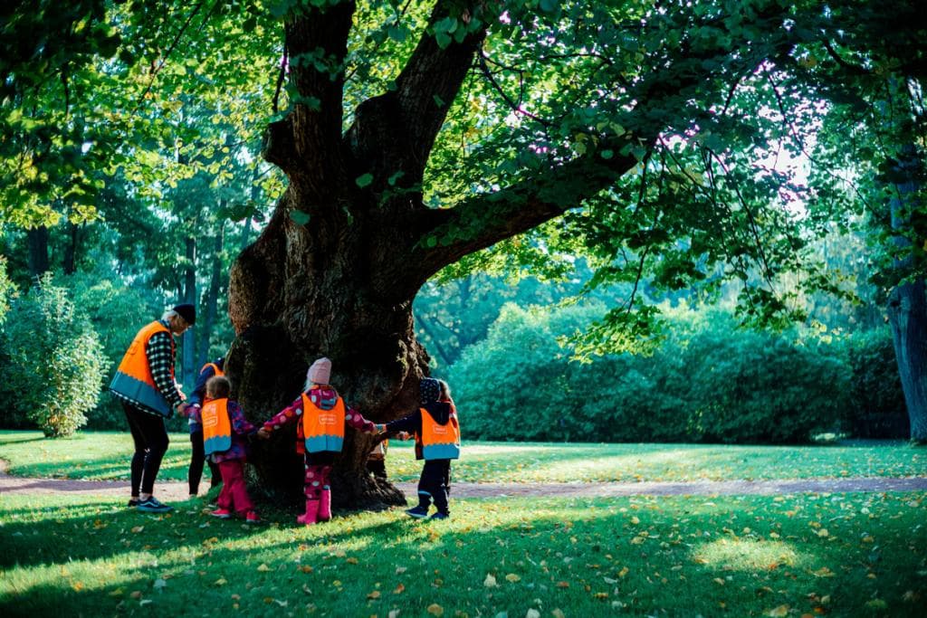 Aikuinen ja lapsia pitävät toisistaan käsistä kiinni ison puun ympärillä puistossa.